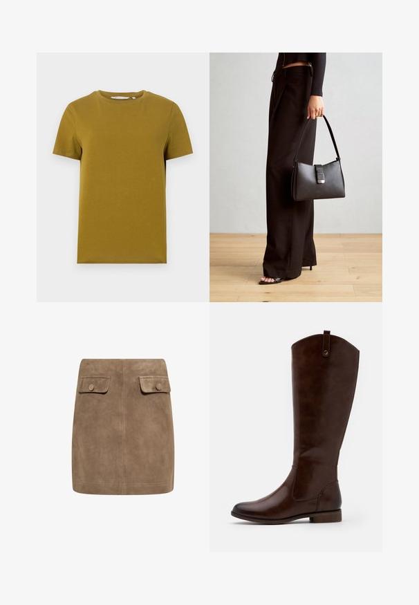 Mustár sárga, rövid ujjú póló, sima pamutból készült. Kerek nyakkivágással és egyenes aljú, minimális varrási részletekkel rendelkezik.; Barna szarvasbőr mini szoknya sima textúrával, két elülső hajtókával és gombos záródásokkal mindkét oldalon. Egyszerű, egyenes szabás.; Barna, térdig érő csizmák sima bőrből, lekerekített orral, alacsony, rakott sarokkal és diszkrét varrással az oldalán.; Fekete kézi táska strukturált formával, sima textúrával és fémből készült záródással. Széles fekete nadrággal és nyitott orrú szandállal párosítva, fából készült padlón.