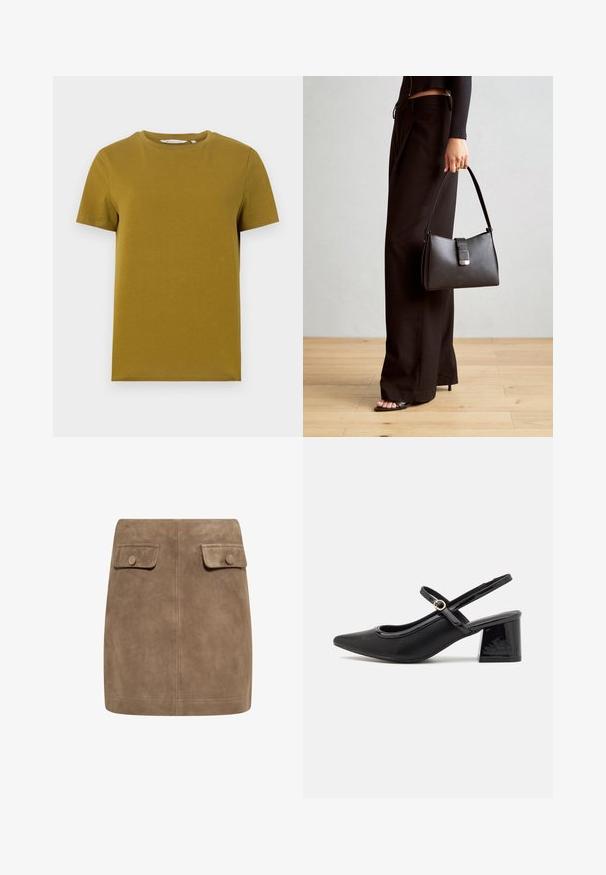 Mosterdgele t-shirt met korte mouwen, gemaakt van zachte katoen. Bevat een ronde halslijn en een rechte onderrand met minimale stikseldetails.; Bruine suède mini-jurk met een gladde textuur, voorzien van twee voorflapzakken en knoopsluitingen aan elke kant. Eenvoudig, recht ontwerp.; Zwarte gepolijste leren slingback hakken met een spitse neus, een ronde uitsnede en een blokhak. Voorzien van een gouden gespaccent.; Zwarte handtas met gestructureerde vorm, gladde textuur en een metalen sluiting. Gecombineerd met brede zwarte broeken en sandalen met open teen op een houten vloer.