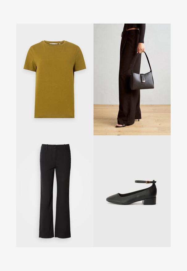 Mustár sárga, rövid ujjú póló, sima pamutból készült. Kerek nyakkivágással és egyenes aljú, minimális varrási részletekkel rendelkezik.; Fekete pamut keverék nadrág egyenes szárú dizájnnal, elülső gombos záródással és két oldalsó zsebbel. Simára kialakított textúra, nincs látható minta.; Fekete bőr magassarkú cipő hegyes orral és alacsony tömb sarkal. Bokapánttal rendelkezik, aranyszínű csattal. Simább textúra.; Fekete kézi táska strukturált formával, sima textúrával és fémből készült záródással. Széles fekete nadrággal és nyitott orrú szandállal párosítva, fából készült padlón.