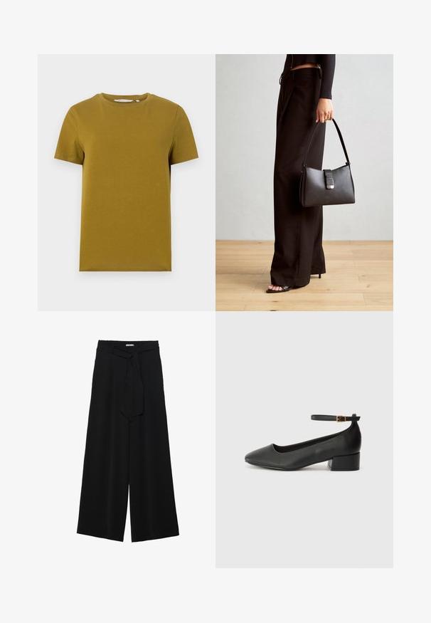 Gysvai geltona trumpa rankovė T-marškiniai, pagaminti iš lygaus medvilnės. Yra apvalus kaklo iškirpimas ir tiesi apatinė briauna su minimaliais siuvinėjimo elementais.; Juoda plačių kojų kelnės, pagamintos iš tekstūruoto audinio, su elastingu juosmeniu ir atsegamu diržu juosmenyje, leidžiančiu reguliuoti dydį.; Juodas odinis aukštakulnis batelis su smailiu pirštu ir žemu bloku. Su kulkšnies dirželiu su auksinės spalvos sagtimi. Lygus paviršius.; Juodas rankinė struktūrizuota forma, lygi tekstūra ir metalinis užsegimas. Suporuota su plačiomis juodomis kelnėmis ir atvirais bateliais ant medinių grindų.