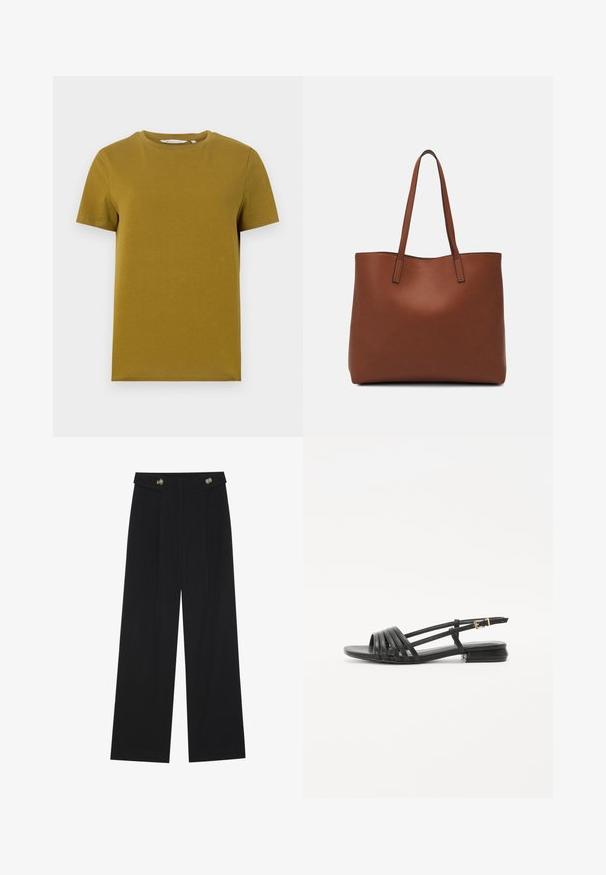 Gorčično rumena kratkolasna majica iz gladkega bombaža. Ima okroglo izreza in ravno spodnje robove z minimalnimi šivi.; Črne široke hlače s visokim pasom, gumbnimi detajli na pasu in sprednjimi gubami.; Črne ravne sandale s trakastim dizajnom, ki vključuje več usnjenih trakov in ozko zaponko okoli gležnja. Podplat je raven in pravokoten.; Rjava usnjena torba z gladko teksturo, odprto zasnovo zgoraj in dvema naramnima trakovoma. Opremljena je z minimalnim šivanjem in brez vidnih kovinskih delov.