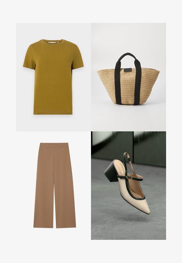 Camiseta de manga curta amarela mostarda feita de algodão suave. Apresenta um decote redondo e uma bainha reta com detalhes de costura mínimos.; Calças de perna larga em uma cor castanha sólida, feitas de um tecido texturizado; apresentam uma cintura alta e um design estruturado com passantes para cinto.; Sandal de biqueira pontuda em bege com acabamento preto, fivela dourada e um salto bloco sólido, em um chão cinza com fundo verde escuro.; Saco tote de palha trançada com alças de tecido pretas, apresentando uma abertura no topo e um design estruturado e angular. Fibras naturais texturizadas.