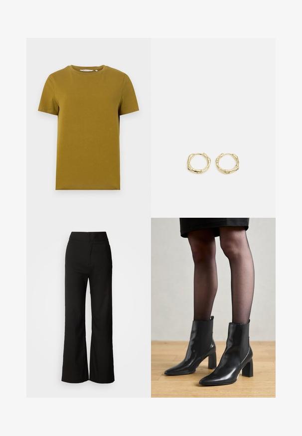 T-shirt a maniche corte giallo senape realizzato in cotone morbido. Presenta un colletto a girocollo e un orlo dritto con dettagli di cucitura minimi.; Pantaloni neri a gamba larga con texture liscia, vita alta e design semplice. Nessuna tasca visibile o decorazioni.; Stivaletti neri in pelle con punta affusolata, tacco quadrato imponente e design elegante. Dotati di pannelli laterali elasticizzati per una facile vestibilità.; Orecchini a cerchio in oro con una forma irregolare e texture. Presentano una chiusura senza giunture e una finitura superficiale lucida, che enfatizza un design moderno.