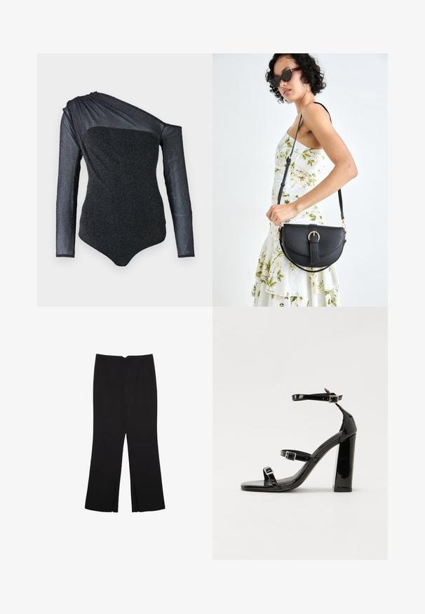Sort bodysuit med lang, en-skulder ærme, tekstureret stof med subtil glans og en tætsiddende pasform. Glat udskæring og moderne design.; Sorte bukser med lige pasform, der har frontlommer og slidser i kanten. Lavet af blødt, glat stof. Velegnet til forskellige anledninger.; Sorte patenterede hælsandaler med firkantet tå, ankelremme og sølvspænder. Har en chunky blokHæl for stabilitet.; Sort læderhåndtaske med en buet form, aftagelig rem og guldfinish. Tasken har en klap med en spænde detalje.