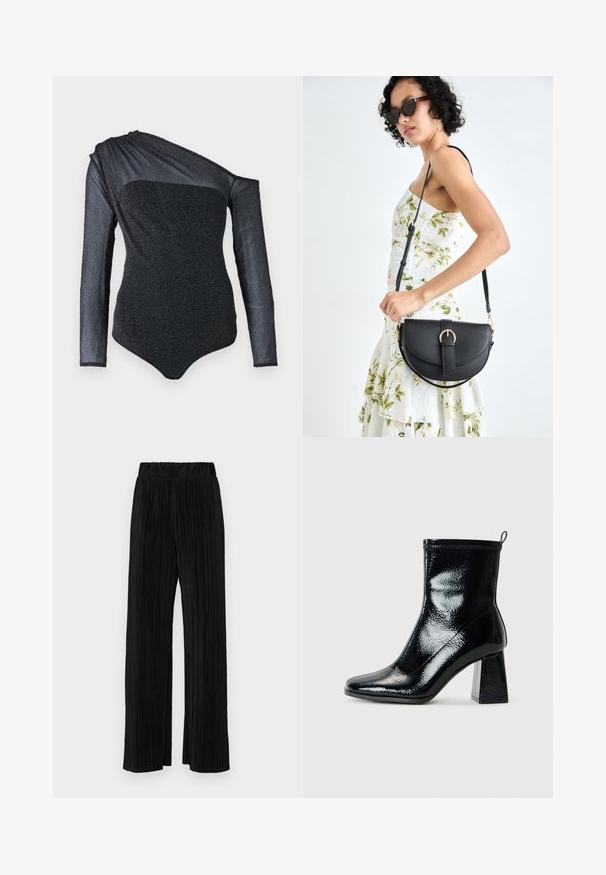 Czarny bodysuit z długim rękawem na jedno ramię, wykonany z teksturowanej tkaniny z subtelnym blaskiem i dopasowanym krojem. Gładki dekolt i nowoczesny design.; Czarne spodnie plisowane z elastycznym paskiem w talii. Posiadają szerokie nogawki oraz gładki, teksturowany materiał z pionowymi paskami.; Czarne lakierowane botki za kostkę ze kwadratowym noskiem i masywnym geometrycznym obcasem. Charakteryzują się gładką, błyszczącą teksturą oraz tylną pętelką do łatwego zakładania.; Czarna skórzana torebka o zakrzywionym kształcie, z odpinanym paskiem i złotymi akcentami. Torebka posiada klapę z zapięciem w kształcie klamry.