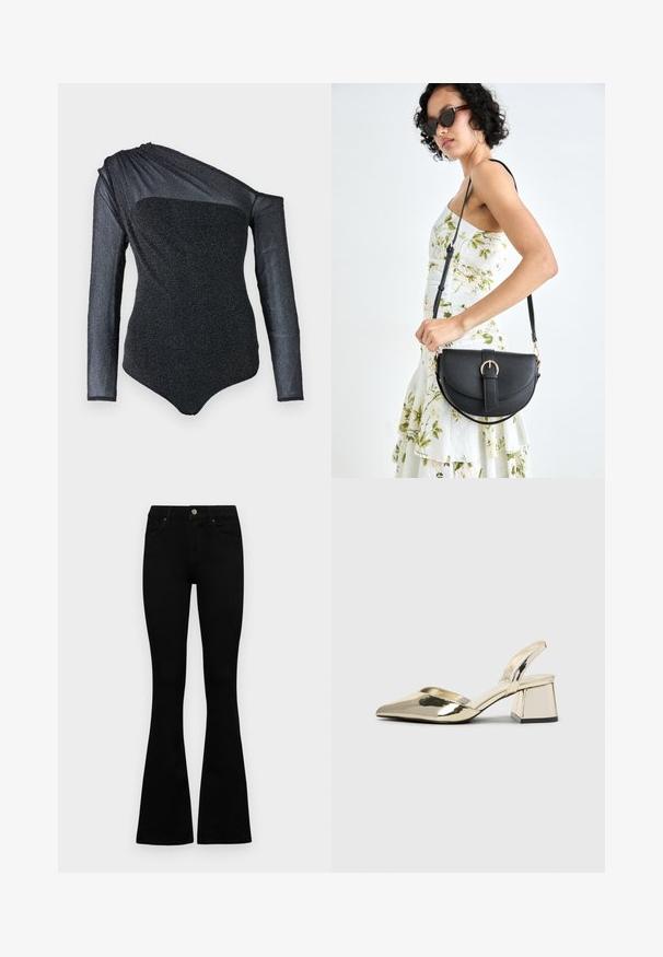 Body negru cu un singur mânecă lungă, material texturat cu un ușor luciu și o croială elegantă. Decolteu neted și design modern.; Jeans negri cu talie înaltă, cu închidere prin nasture și fermoar, buzunare frontale și picioare evazate, așezați pe un fundal alb.; Pantofi cu toc slingback metalici aurii, cu vârf ascuțit și toc chunky. Textură netedă, design minimalist și o curea subțire.; Geantă din piele neagră, cu o formă curbată, curea detașabilă și accesorii aurii. Geanta are un capac cu un detaliu tip cataramă.; Inel de aur cu un design texturat, ondulat, având trei vârfuri proeminente. Suprafață netedă și strălucitoare, cu un bandaj deschis pentru ajustarea dimensiunii.