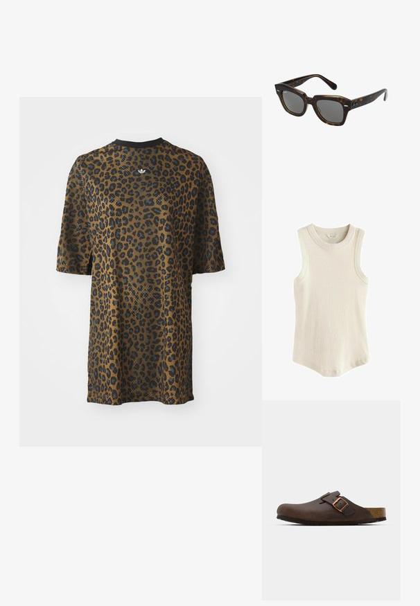 Next RACER STANDARD - Tops - oatmeal; Plekta šūta t-krekls ar īsām piedurknēm, brūnā un melnā krāsā, ar apaļu kakla izgriezumu un izsietu logotipu centrā.; Kafijas krāsas ādas klogi ar plašu siksnu un vara sprādzi, ar teksturētu korķa pamatni un biezu melnu gumijas zoli.; Taisnstūra formas saulesbrilles ar bruņurupuča (tortijas) plastmasas rāmi, tumšiem stikliem un sudraba akcentiem sānos. Ražotas Itālijā.; Brūna ādas plecu soma ar logo rakstu, zelta ķēdes siksniņu, rāvējslēdzēja aizdari un zelta aparatūras akcentiem. Kompakta un taisnstūra forma.