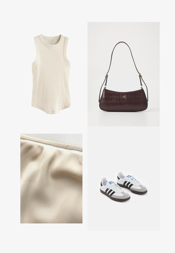 Next RACER STANDARD beżowy; Beżowa tkanina o gładkiej fakturze, z delikatnymi zagnieceniami i kontrastowym białym zamkiem błyskawicznym wzdłuż górnej krawędzi.; Buty sportowe z białą skórzaną cholewką, szarym zamszowym noskiem i trzema czarnymi paskami. Posiadają niebieskie logo na języku oraz teksturowaną gumową podeszwę.; Burgundzka torebka z teksturą krokodylej skóry, w kształcie zakrzywionym, z akcentem w postaci złotego logo. Posiada pojedynczy pasek ze złotymi elementami.