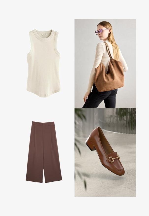 Next RACER STANDARD - Top - oatmeal; Braune Weite-Leg-Hosen mit einer glatten Textur, hoher Taille und Vorderfalten. Der Stoff ist leicht und fällt locker.; Braune Lackleder-Loafer mit quadratischer Zehenpartie, metallischem Kettenakzent und niedrigem Blockabsatz; glatte Textur, minimalistisches Design.; Braune Wildleder-Tasche mit weicher Textur, großer Öffnung und langen Trägern. Sie verfügt über ein simples Design mit sichtbarem Stich und ohne Beschläge.