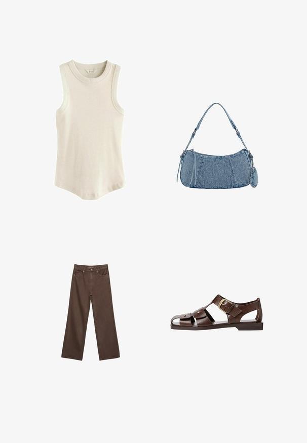 Next RACER STANDARD - Top - oatmeal; Džínsy s širokými nohavicami v hnedej farbe, vyrobené z denimu, so zvýšeným pásom, prednými vreckami a klasickým zapínaním na gombík. Hladká textúra s jemným prešívaním.; Hnedé kožené sandále s vyrezávaným dizajnom, nastaviteľnou bočnou sponou a plochou podrážkou, s kovovými akcentmi a otvorenou špičkou.; Džínová kabelka s zakriveným tvarom, svetlomodrej farby, so nastaviteľným popruhom na rameno a malým odnímateľným vreckom s kovovými detailmi.