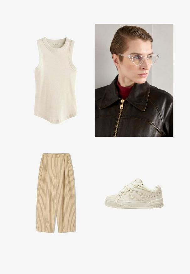 Next RACER STANDARD - Top - oatmeal; Beige gestreepte broek met een elastische tailleband, voorzien van twee zijzakken, een losse pasvorm en verticale zwarte streepjes voor detail.; Beige sneakers met een gestructureerd bovenwerk, opvallende veters, meshpanelen en een dikke zool. Gebogen ontwerp met een gepolsterde kraag voor comfort.; Heldere acetaat kattenoorbril met gele getinte lenzen, gedragen door een persoon in een donkere leren jas en een rode coltrui. Gladde textuur.; Witte gestructureerde handtas met korte handvatten en een schouderband, voorzien van gouden hardwareaccenten en een textuurmateriaal, tentoongesteld tegen een grijze achtergrond.