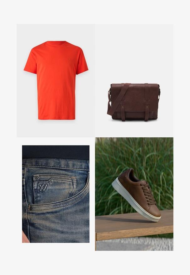 Crvena pamučna majica s kratkim rukavima, okruglim izrezom i ton na ton logom na lijevoj strani prsa. Glatka tekstura i redoviti kroj.; Plave traperice s izblijedjelom teksturom, s džepom za kovanice i crnim logotipom sprijeda. Pojas je od tamno plave rebraste tkanine.; Smeđe kožne tenisice s bijelim gumiranim potplatom, zaobljenim nosom i smešnim vezicama. Teksturirana površina na potplatu i glatka završna obrada na gornjem dijelu.; Smeđa kožna torba za messenger s ravnim prednjim poklopcem, dva remena, zlatnim hardverskim detaljima i podesivim remenom za rame.