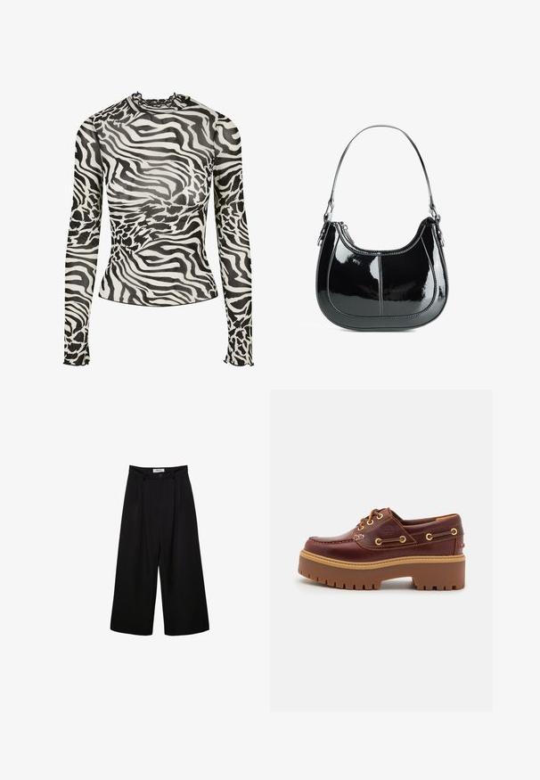 Langærmet top med høj hals, prydet med et sort-hvidt zebra-print design på gennemsigtigt stof. Flæse-accenter ved halsudskæringen og manchetterne.; Sorte brede bukser med høj talje, plisseret front og knaplukning. Lavet af glat stof med en skræddersyet design.; Brune læder bådsko med en kraftig brun gummisål, gyldne snørehuller og kontraststing. Har et logo på siden.; Sort patent læder håndtaske med en buet design, lynlåslukning og en enkelt skulderrem med sølvfarvet hardware og syninger som accents.