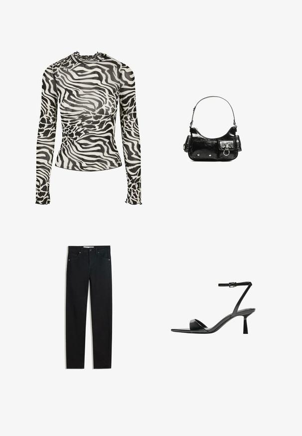 Langærmet top med høj hals, prydet med et sort-hvidt zebra-print design på gennemsigtigt stof. Flæse-accenter ved halsudskæringen og manchetterne.; Sorte denimbukser med lige ben, fem lommer, metalknaplukning og diskrete syningsdetaljer. Glat tekstur.; Bershka Højhælede sandaletter / Højhælede sandaler - black; Sort patenteret læder håndtaske med en buet form, en skulderrem, frontlommer og hardware accenter i sølvfarve.