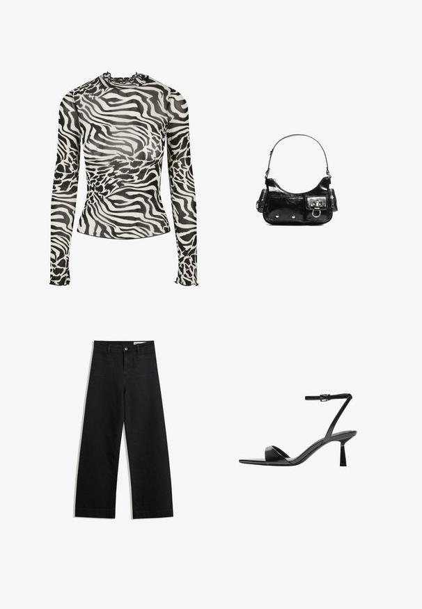 Bluză cu mânecă lungă și guler fals, prezentând un design de imprimeu zebrat alb-negru pe material transparent. Accente volan la guler și la manșete.; Pantaloni din denim negri cu picioare largi, cu talie înaltă, având buzunare frontale și posterioare, cusături dublate și închidere cu nasture. Textură netedă.; Bershka Sandale cu toc - black; Geantă de mână din piele lăcuită neagră, cu o formă curbată, un umăr, buzunare frontale și accente din metal argintiu.