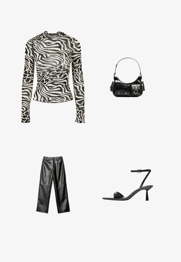 Dlhý rukáv top s golierom, s čierno-bielym zebrovým vzorom na priesvitnej látke. Volány na výstrihu a na manžetách.; Čierne kožené nohavice so širokými nohavicami, hladkým povrchom, piatimi vreckami a prešívaním pozdĺž nôh a pásu.; Bershka Sandále na vysokom opätku - black; Čierna laková kožená kabelka s ohnutým tvarom, jedným ramenným popruhom, prednými vreckami a striebornými kovovými doplnkami.