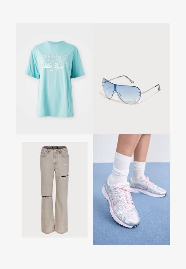 Light blue cotton t-shirt with short sleeves and round neckline. Features "NIKE" logo and text in white and peach-colored print.; Light gray jeans in a relaxed fit, featuring distressed detailing with rips at the knees and a faded texture. Includes five pockets and belt loops.; Nike running shoes featuring a silver mesh upper with pink accents, white laces, and a textured sole. Worn with white cotton athletic socks.; Aviator sunglasses featuring a gradient blue lens, silver metal frame, and decorative star accents on the lens. Smooth and sleek design.