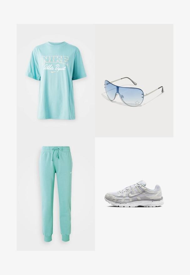 Světle modré bavlněné tričko s krátkými rukávy a kulatým výstřihem. Obsahuje logo "NIKE" a text v bílé a broskvové barvě.; Mátově zelené tepláky s elastickým pasem, stahovací šňůrkou a žebrovanými manžetami. Obsahují malé bílé logo Nike na levém stehně.; Světle šedé sportovní boty s vrchní částí z síťoviny a syntetického materiálu, vybavené šněrováním, polstrovaným límcem a texturovanou podrážkou pro lepší přilnavost.; Pilotské sluneční brýle s modrými gradientními skly, stříbrným kovovým rámem a dekorativními hvězdnými akcenty na sklech. Hladký a elegantní design.