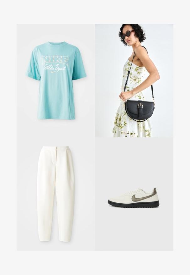 T-shirt de algodão azul claro com mangas curtas e decote redondo. Apresenta o logótipo "NIKE" e texto em impressão branca e cor pêssego.; Calças brancas de cintura alta e corte tapered com fecho frontal oculto e bolsos laterais, exibidas contra um fundo branco liso.; Nike Sportswear FIELD GENERAL - Sapatilhas - off-white/black; Bolsa de couro preta com forma curva, alça destacável e detalhes em dourado. A bolsa possui uma aba com detalhe de fivela.