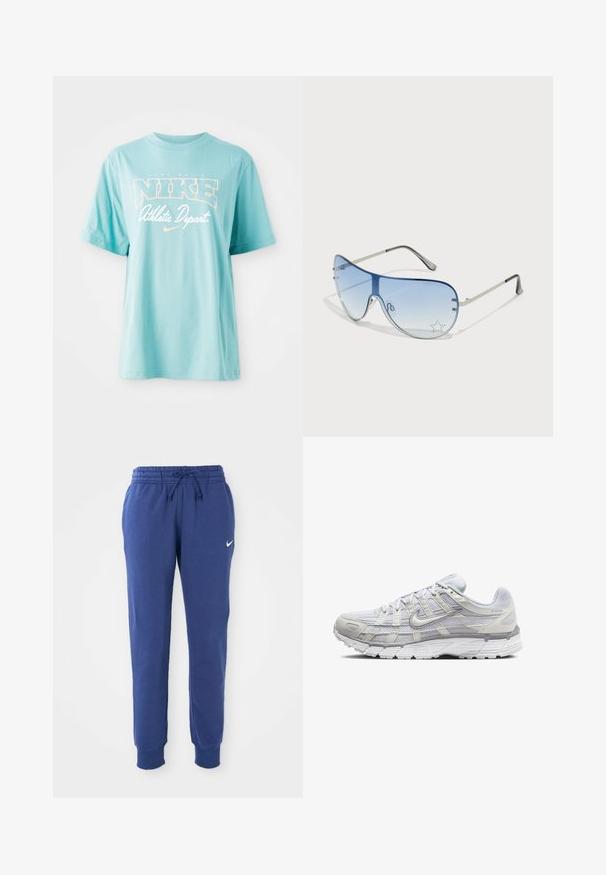 Light blue cotton t-shirt with short sleeves and round neckline. Features "NIKE" logo and text in white and peach-colored print.; Blue Nike sweatpants with elastic waistband, drawstring, cuffed ankles, and white Nike swoosh logo on the left thigh.; Light gray athletic shoes with a mesh and synthetic upper, featuring a lace closure, padded collar, and textured sole for grip.; Aviator sunglasses featuring a gradient blue lens, silver metal frame, and decorative star accents on the lens. Smooth and sleek design.