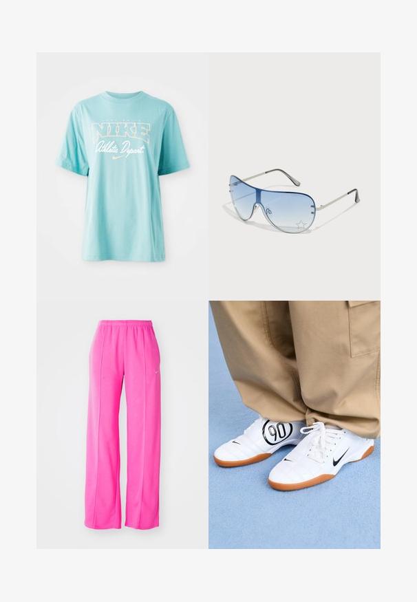 Světle modré bavlněné tričko s krátkými rukávy a kulatým výstřihem. Obsahuje logo "NIKE" a text v bílé a broskvové barvě.; Růžové, volné, lehké tepláky s elastickým pasem a bočními švy. Obsahují malé logo poblíž horní části levého stehna.; Bílé atletické boty s prošívaným designem, černým logem Nike a výraznou černou grafikou "90" na boku, kombinované s khaki kalhotami.; Pilotské sluneční brýle s modrými gradientními skly, stříbrným kovovým rámem a dekorativními hvězdnými akcenty na sklech. Hladký a elegantní design.