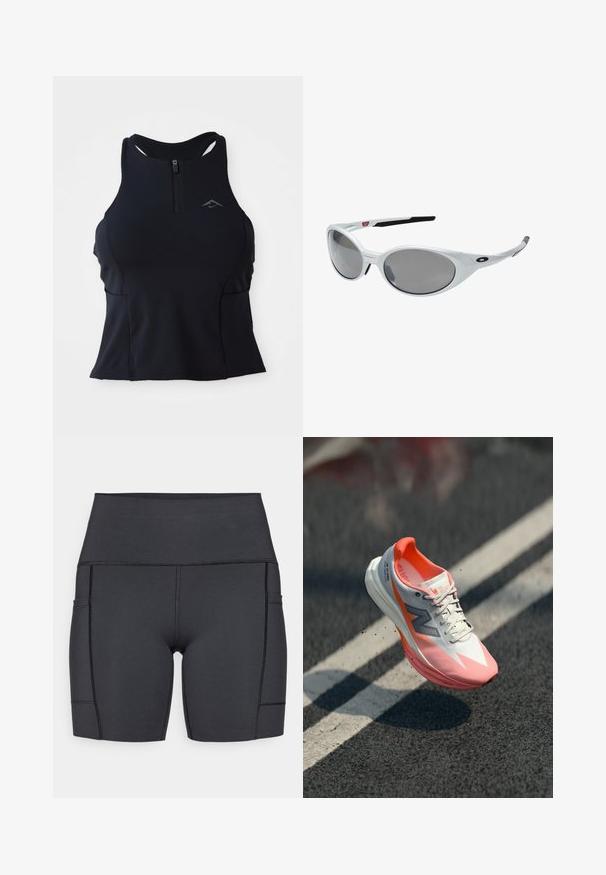 Juodas sportinis marškinėlis su užtrauktuku priekyje, lenktais pečiais ir tekstūruota medžiaga. Krūtinėje yra logotipo akcentas.; Juodos aukštu liemeniu šortai, pagaminti iš elastingos medžiagos, su šoninėmis kišenėmis, lygiomis siūlėmis ir glotnia tekstūra, užtikrinančia komfortą atliekant veiklas.; Bėgimo bateliai su balta ir rožine viršutine dalimi, turintys tinklinę tekstūrą, atspindinčius akcentus ir paminkštintą padą. Lengvos konstrukcijos, siekiant geresnio našumo.; Baltos plastikinės saulės akiniai su dideliais ovaliais objektyvais, pilkai nudažyti. Turime juodas ausis laikančias dalis ir mažą logotipą ant rėmelio. Lygus paviršius.