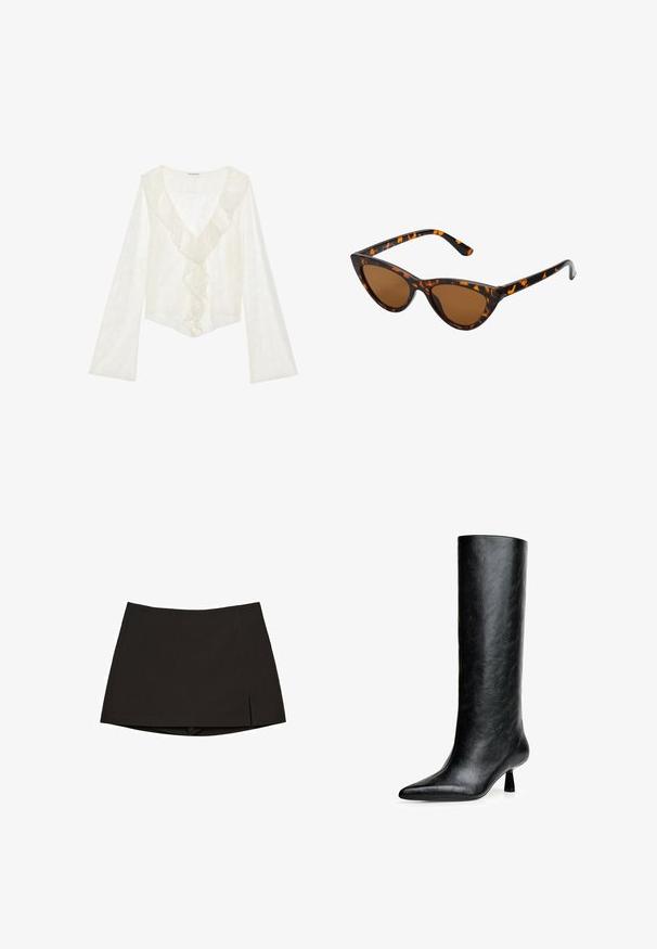 Weißes Spitzenoberteil mit tiefem V-Ausschnitt und rüschendem Vorderteil. Lange Ärmel mit ausgestelltem Design sorgen für eine fließende Silhouette.; Schwarzer Minirock aus glattem Stoff, mit geradem Schnitt, Seitenschlitzen und sauberem Saum. Einfach und vielseitig.; Schwarze kniehohe Stiefel aus strukturiertem Leder. Mit spitzem Zeh und kleinem, ausgestellt Absatz. Schlankes, glattes Design mit minimalen Akzenten.; Katzenaugen-Sonnenbrille mit einem schwarz-orangenen Schildpattrahmen, braunen Gläsern und schlanken, spitzen Enden. Verfügt über ein minimalistisches Logo am Bügel.