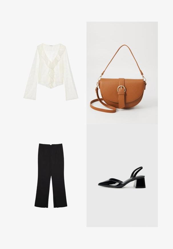 Hvid bluse i blonde med dyb V-udskæring og flæsedetaljer foran. Lange ærmer med flaredesign skaber en let silhuet.; Sorte bukser med lige pasform, der har frontlommer og slidser i kanten. Lavet af blødt, glat stof. Velegnet til forskellige anledninger.; Sorte patentlæder slingback hæle med spids tå og en geometrisk blok hæl. Har et elegant, minimalistisk design og en glat tekstur.; Brun læder crossbody taske med en buet form, guldfarvet hardware og en spændeaccent. Har en aftagelig skulderrem.