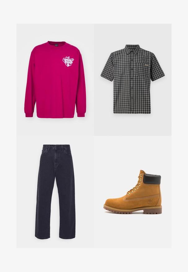 Pitkähihaisen puseron kirkkaan vaaleanpunainen puuvilla. Vasemmassa rinnassa on valkoinen liekkikuvio tekstillä. Ribbaatut hihansuut, pyöreä kaula-aukko.; Lyhythihainen paita musta-valkoisessa ruutukuosissa, jossa on nappikaulus, etutasku ja pieni etiketti rinnassa.; Tummanpesun farkut, joissa on leveä lahje, korkea vyötärö ja viisi taskua. Klassinen napin ja vetoketjun kiinnitys.; Valkoinen nahkainen nilkkuri mustalla pehmustetulla kauluksella, kultaisilla metallisilla rei'illä, valkoisella ompeluksella ja jykevällä kumipohjalla, jossa on selvästi näkyvät urat.