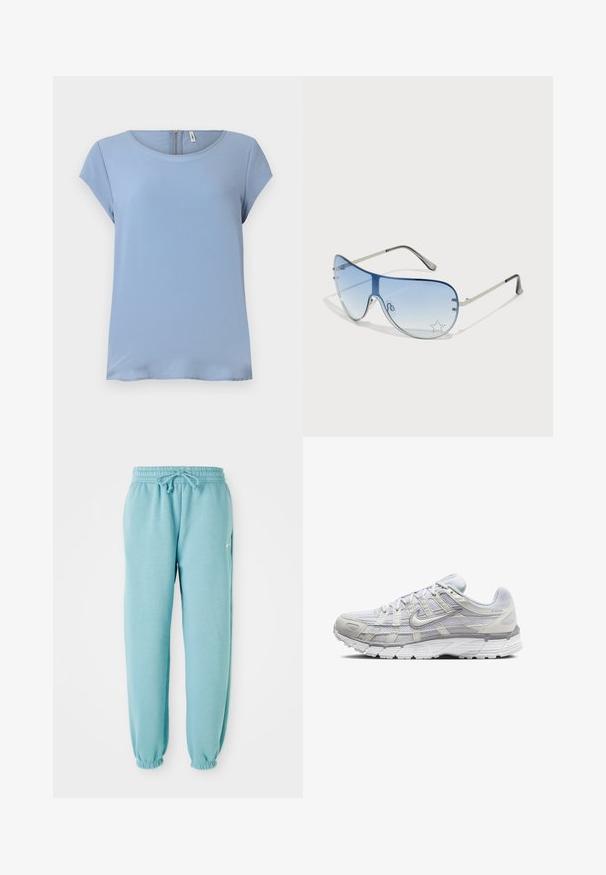 Top azzurro chiaro a maniche corte con scollatura rotonda e chiusura con zip sul retro. Tessuto liscio con una leggera texture e vestibilità morbida.; Pantaloni tuta azzurri chiari realizzati in morbido tessuto, con vita elastica, dettaglio con coulisse e polsini elasticizzati alle caviglie. Piccolo logo sul lato.; Scarpe da ginnastica grigio chiaro con tomaia in rete e sintetico, dotate di chiusura con lacci, collo imbottito e suola testurizzata per una migliore aderenza.; Occhiali da sole aviator con lenti blu sfumate, montatura in metallo argentato e decorazioni a forma di stella sulle lenti. Design liscio e sofisticato.