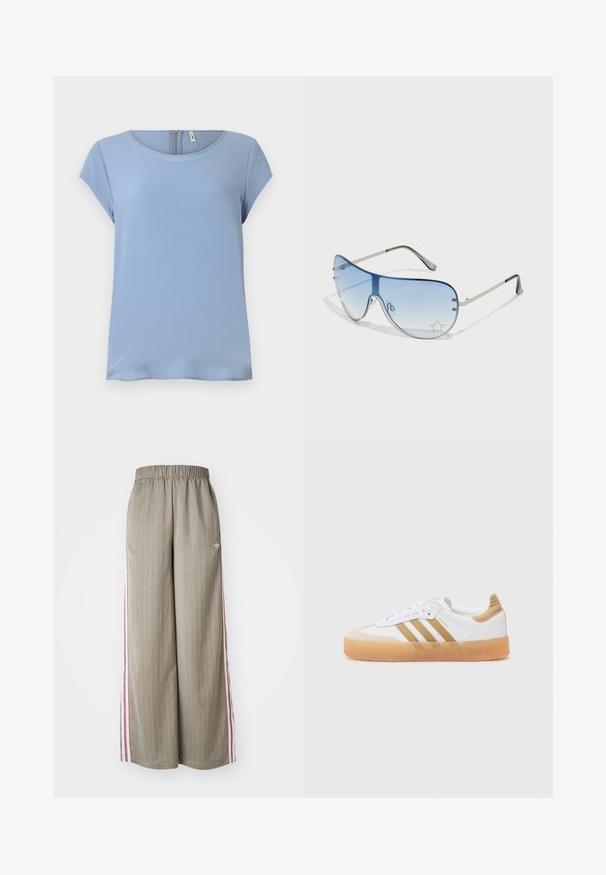 Lys blå t-skjorte med korte ermer, rund halslinning og glidelås bak. Glatt stoff med en subtil tekstur og avslappet passform.; Lyse olivengrønne vide bukser med lodrette striber, elastisk talje og pink sidestiber. Har et lille logo på hoften.; Hvit sneaker med beige accenter, med tre striper, en avrundet tå og en gjennomsiktig gummisåle. Glatt lær og tekstilmaterialer.; Pilotbriller med gradient blå linse, sølvfarget metallramme og dekorative stjerneaksenter på linsen. Glatt og stilren design.