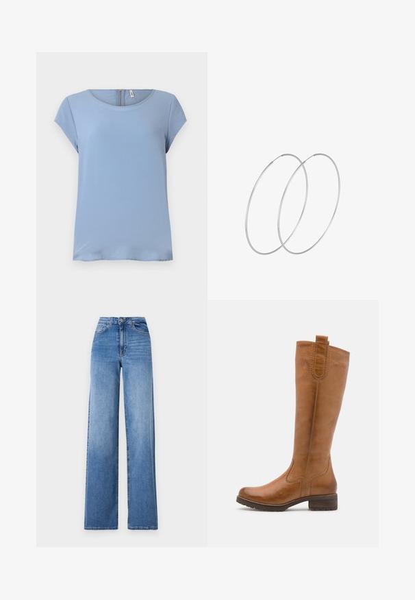 Jasnoniebieska bluzka krótki rękaw z okrągłym dekoltem i zapięciem na zamek z tyłu. Gładki materiał o subtelnej teksturze i luźnym kroju.; Jasnoniebieskie dżinsy z szerokimi nogawkami, wykonane z denimu, z wysokim stanem, przednimi kieszeniami i standardowym zapięciem na guzik. Gładka tekstura.; Anna Field LEATHER  - Kozaki; Srebrne kolczyki w formie obręczy o minimalistycznym designie. Okrągły kształt, gładka faktura i cienki profil. Lekkie, z polerowanym wykończeniem.