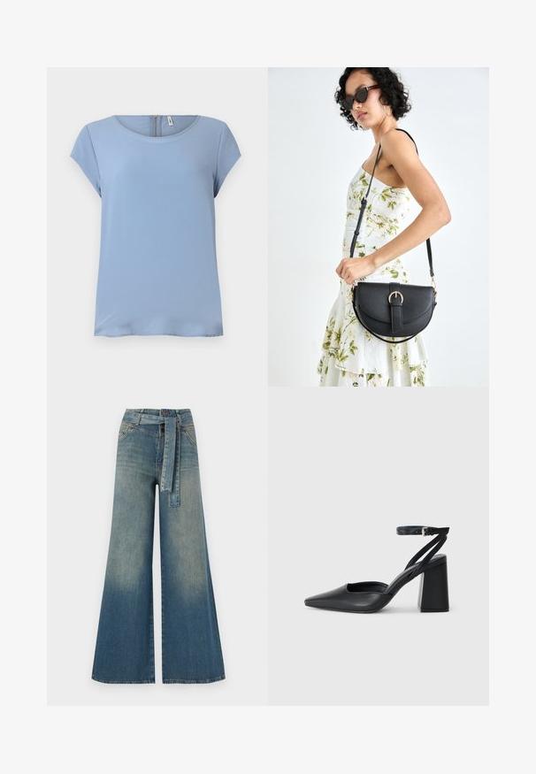 Light blue short-sleeve top with a round neckline and a back zip closure. Smooth fabric with a subtle texture and relaxed fit.; Wide-leg denim trousers featuring a light to dark blue gradient, high waist, belt loops, and a matching fabric belt. Textured denim finish.; Black leather pointy-toe pump with an ankle strap and a chunky heel. Flat texture, sleek design, and minimalistic aesthetics.; Black leather handbag with a curved shape, detachable strap, and gold hardware. The bag features a flap with a buckle detail.