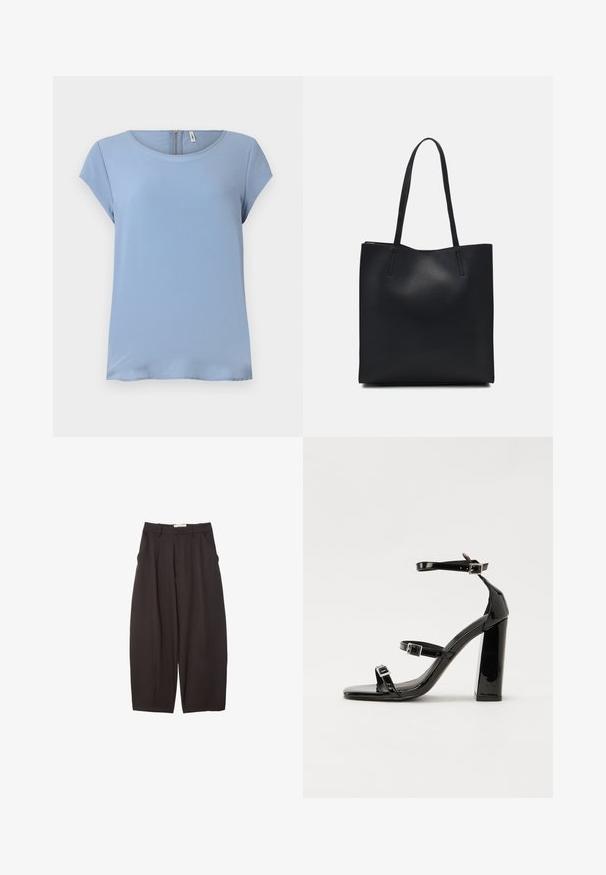 Light blue short-sleeve top with a round neckline and a back zip closure. Smooth fabric with a subtle texture and relaxed fit.; Black wide-leg trousers made from a smooth fabric, featuring a high waist, front pleats, and side pockets. Simple design without embellishments.; Black patent heeled sandals with a square toe, ankle straps, and silver buckles. Features a chunky block heel for stability.; Black leather tote bag with smooth texture, rectangular shape, and two long handles. No visible hardware or embellishments.
