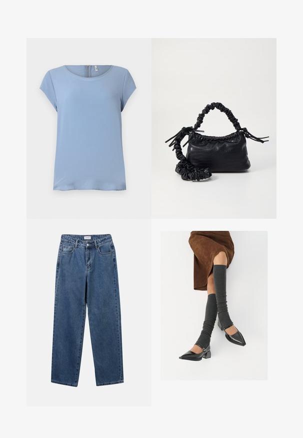 Top azzurro chiaro a maniche corte con scollatura rotonda e chiusura con zip sul retro. Tessuto liscio con una leggera texture e vestibilità morbida.; Jeans in denim blu classico con design a gamba dritta, cinque tasche e chiusura con bottone. Presentano un lavaggio medio e una trama robusta.; Scarpe nere in pelle verniciata con punta affilata, tacco a blocco e cinturino alla caviglia, abbinate a scaldamuscoli grigi a coste e una gonna in suede marrone.; Borsa a tracolla in ecopelle nera con texture a coccodrillo, apertura cinchata e tracolla arricciata. Si presenta con un design morbido e compatto.