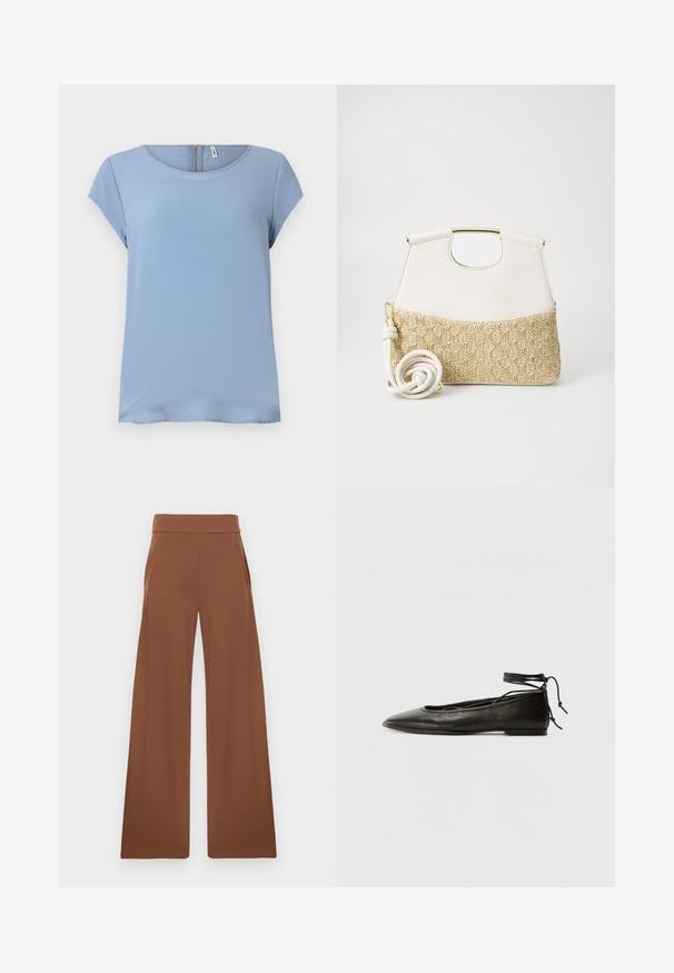 Világoskék, rövid ujjú felső kerek nyakkivágással és hátul zipzárral. Simaságára jellemző diszkrét textúrájú anyag, laza szabású.; Barna, bő szárú nadrág sima, rugalmas anyagból. Magas derékkal és oldalsó zsebekkel rendelkezik, a laza illeszkedés érdekében tervezve.; Fekete bőr balettcipők hegyes orral, bokakötővel és lapos talppal, sima textúrával és minimalista dizájnnal.; Fehér bőr kézitáska texturált krémszínű, szőtt anyagú aljjal. Aranyszínű fogantyúval és tekert fehér pánttal rendelkezik a sokoldalúság érdekében.