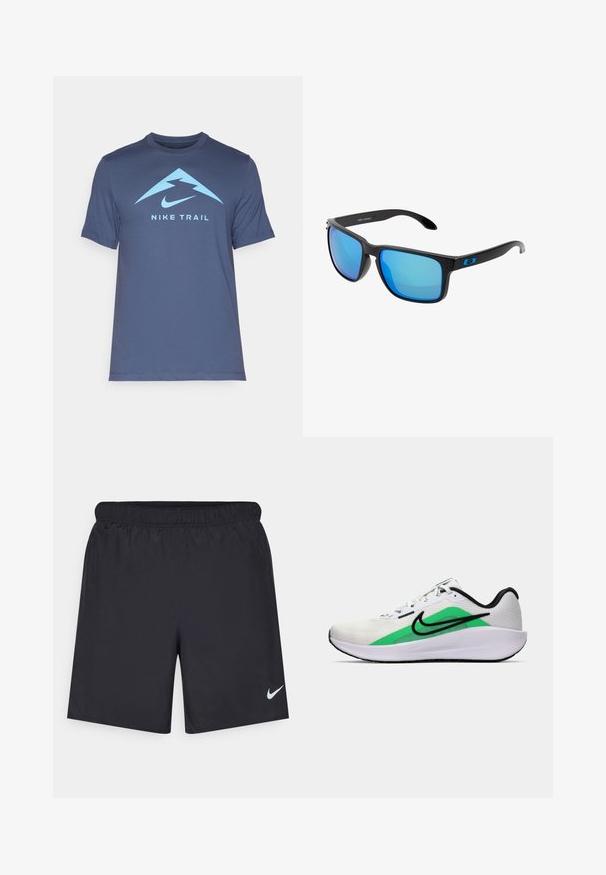 Tumesinine Nike Trail T-särk, lühikesed varrukad, ümar kaelus, millele on trükitud suur helesinine mägigraafika välk ning logo.; Mustad mustikud lühikesed püksid, mis on valmistatud kergest materjalist ja millel on elastne vöökoht. Alumisel vasakul küljel on väike valge Nike logo.; Valge spordijalats, millel on roheline aktsent, must logo, võrkmaterjalist pealisosa, pehmendusega tallad ja ümar kannaosa. Omab paelu ja kontrastset detaili.; Stiilsed mustad prillid siniste peegeldavate läätsedega, ruudukujuliste raamidega ja sinise aktsendiga templil. Valmistatud kergest plastmaterjalist.
