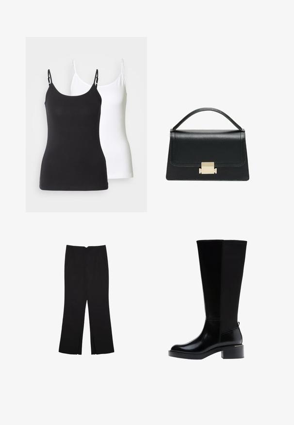 Črne in bele bombažne brezrokavnike z nastavljivimi tankimi naramnicami, ki imajo prilegan obliko in gladko teksturo.; Črne hlače ravnega kroja z naglavnimi žepi in stranskimi razporki na robu. Narejene iz mehke, gladke tkanine. Primerne za različne priložnosti.; Črni škornji do kolen z gladkim usnjenim zaključkom, izrazitim šivanjem, robustnim petnim delom in teksturirano zadnjo ploščo za dodatno zanimivost.; Črna usnjena torbica z strukturiranim dizajnom, zgornjim ročajem in zlate kovinske sponke na sprednji strani. Gladka tekstura, minimalno šivanje.