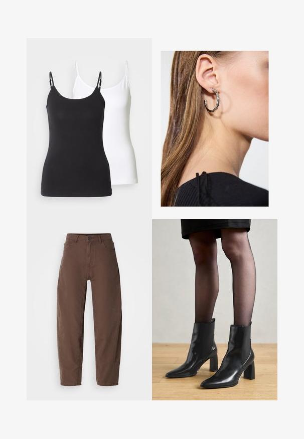 Camisole in cotone bianco e nero con spalline sottili regolabili, caratterizzata da un design aderente e una texture liscia.; Pantaloni marroni a gamba dritta con bottone e zip frontali, passanti per cintura e tasche laterali, mostrati su uno sfondo bianco.; Stivaletti neri in pelle con punta affusolata, tacco quadrato imponente e design elegante. Dotati di pannelli laterali elasticizzati per una facile vestibilità.; Orecchino a cerchio in argento con finitura lucida, caratterizzato da piccoli dettagli in oro e una forma tondeggiante, indossato sul lobo.