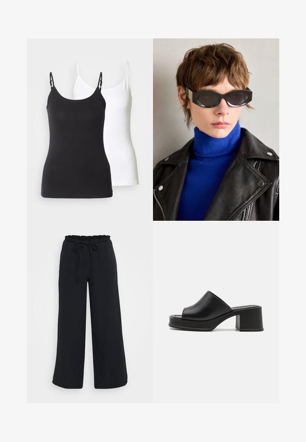 Camisole in cotone bianco e nero con spalline sottili regolabili, caratterizzata da un design aderente e una texture liscia.; Pantaloni neri a gamba ampia con finitura texturizzata, vita elasticizzata con bordi arricciati e cordoncino regolabile.; Mule in pelle nera con platfrom, punta aperta arrotondata, tacco basso a blocco e texture liscia. Design minimalista con linee eleganti.; Occhiali da sole neri con bordi arrotondati e lenti oscurate. Presentano dettagli in oro sulle asticelle. Indossati con un dolcevita blu a coste e una giacca di pelle.