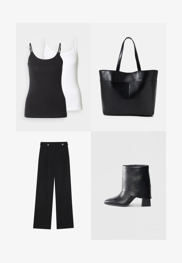 Camisole in cotone bianco e nero con spalline sottili regolabili, caratterizzata da un design aderente e una texture liscia.; Pantaloni neri a gamba larga con vita alta, dettagli con bottoni in vita e pieghe frontali.; Stivale in pelle nera alla caviglia con punta affusolata, texture liscia e tacco a blocco strutturato. Presenta un design con risvolto alto.; Borsa a tracolla in pelle nera con due manici lunghi, una texture liscia e una forma strutturata. Presenta una tasca frontale per ulteriore spazio di archiviazione.