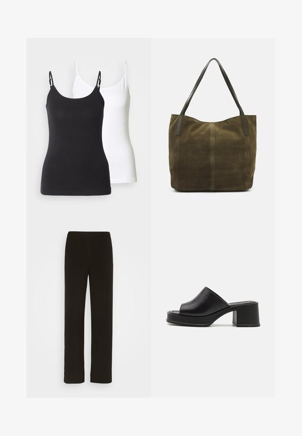 Black and white cotton camisoles with adjustable thin straps, featuring a fitted design and smooth texture.; Black, straight-leg trousers made of woven fabric, featuring a flat front, two side pockets, and a smooth texture. No visible patterns or accents.; Black leather platform mules with a rounded open toe, low block heel, and smooth texture. Minimalist design with sleek lines.; Olive green suede tote bag with two leather handles, soft texture, stitched detail down the center, and open top design.
