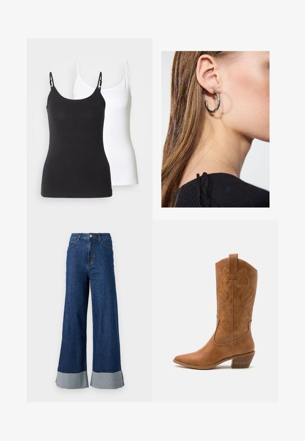 Sorte og hvide bomulds camisoler med justerbare, tynde stropper, der har en tætsiddende pasform og glat tekstur.; Løs pasform denimbukser med en mørkeblå vask, der har en kontrastfarvet lys blå kant og klassisk fem-lomme design.; Tan læder cowboystøvle med spids tå, broderede svirvelmønstre på skaftet og en stablet blokhæl. Har en træksløjfe for nem af/på.; Sølv hoop ørestik med en poleret overflade, prydet med små guld accenter og en rund form, båret på øreflippen.