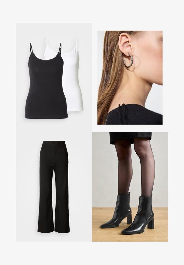 Sorte og hvite bomullscamisoler med justerbare tynne stropper, med en tettsittende design og glatt tekstur.; Sorte vidde-bukser med glatt tekstur, høy midje og et rent design. Ingen synlige lommer eller pynt.; Sorte ankelstøvler i skinn med spiss tå, chunky firkantet hæl, og slank design. Har elastiske sidede paneler for enkel påføring.; Sølv ringøredob med en polert finish, med små gull detaljer og en rund form, båret på øreflippen.