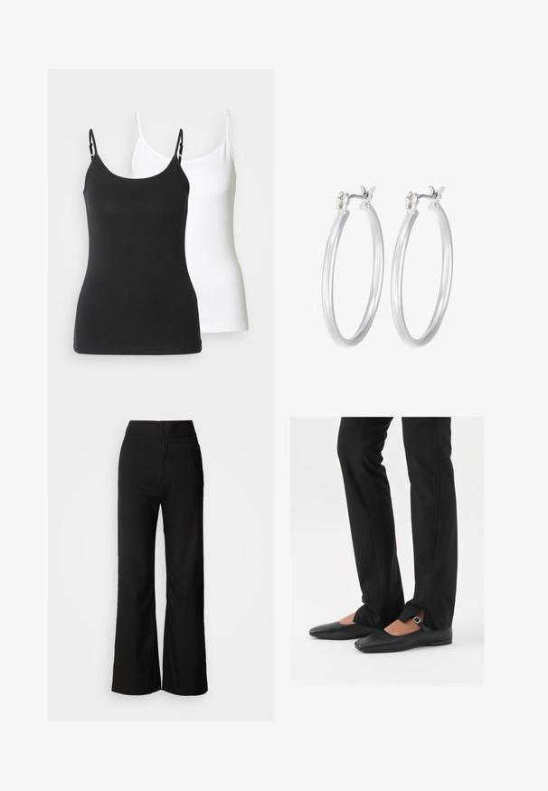 Svarta och vita bomullscamisoler med justerbara tunna remmar, i en figurnära design med en slät textur.; Svarta vida byxor med en slät textur, hög midja och en enkel design. Inga synliga fickor eller dekorationer.; Svarta läderballetskor med spetsig tå, rem med silverspänne, kombinerade med svarta skräddarsydda byxor med slitsar i fållen.; Silverfärgade hoopörhängen med en slät, polerad yta. Rund form och säker klickstängning. Lättviktig design som passar för vardagligt bruk.