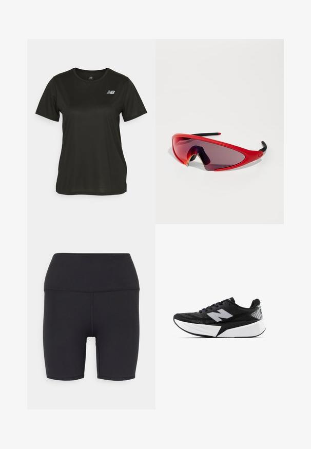 Melnas īsām piedurknēm T-krekls, kas izgatavots no gludas auduma, ar apaļu dekoltē un atstarojošu baltu logotipu kreisajā krūtī.; Melni sporta šorti, izgatavoti no elastīga materiāla, ar augstu jostasvietu, gludu tekstūru un bez redzamām rakstām vai piederumiem.; Melnbalts New Balance skriešanas apavi ar biezu zoli, acs augšdaļu un "N" logotipu sānos, skatīts no ārējās puses.; Sarkani sporta saulesbrilles ar apņemšanas dizainu, tumšiem gradienta stikliem un melniem akcentiem uz tempļiem. Vieglas un aerodinamiskas formas.