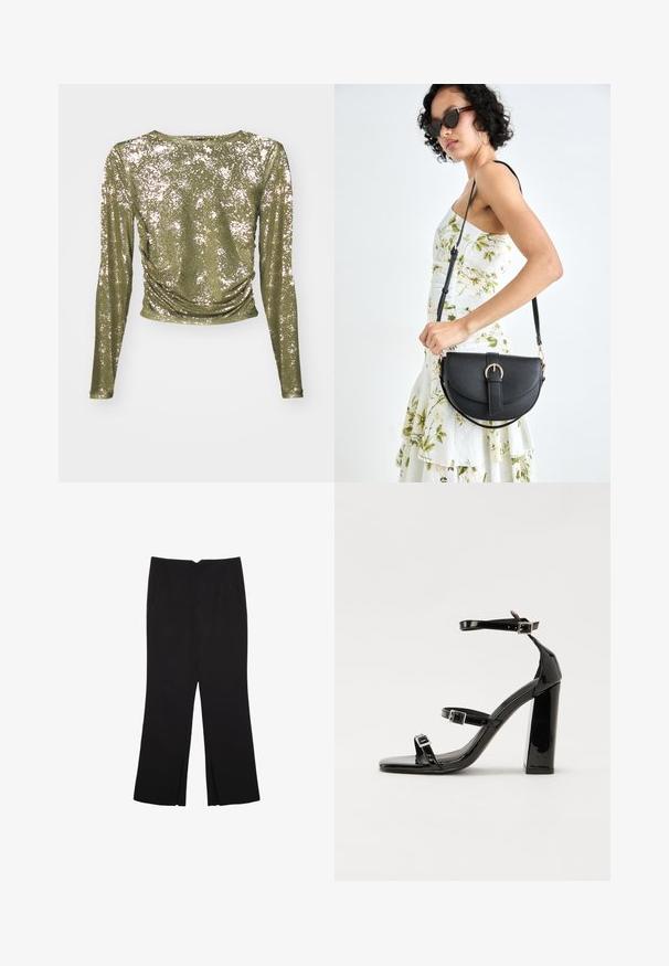 Pitkähihaisia paita oliivinvihreänä, jossa on kiiltävä paljettitekstuuri, pyöreä kaula-aukko ja kootut yksityiskohdat vyötäröllä.; Mustat housut suoralinjaisella leikkauksella, joissa on etutaskut ja sivurei'ät helman alla. Valmistettu pehmeästä ja sileästä kankaasta. Sopii eri tilaisuuksiin.; Musta kiiltäväpintainen korkokengät, joissa on kaksi solkikiinnitystä, neliönmuotoinen kärki ja paksu korko, sileällä, kiiltävällä pintarakenteella.; Musta nahkainen käsilaukku, joka on kaareva muotoilultaan, irrotettavalla hihnalla ja kultaisilla yksityiskohdilla. Laukussa on läppä, jossa on solk yksityiskohta.