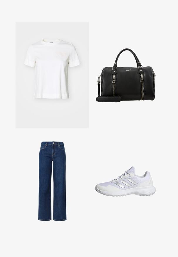 Biela tričko s krátkym rukávom vyrobené z bavlny s okrúhlym výstrihom, s svetloružovým textom "BJÖRN BORG" na ľavej strane hrude.; Dlhé džínsy s širokými nohavicami v tmavomodrom denime so hladkou textúrou, so zapínaním na gombík a zips, piatimi vreckami a kontrastným šitím.; Biele atletické tenisky s priedušnou sieťovinou, textúrovanými panelmi a striebornými akcentmi. Majú odpruženú podrážku a guľatý špičkový dizajn.; Čierna kožená kabelka s dvojitými striebornými zipsami, vrchnými uchami, nastaviteľným popruhom a štýlovými rivetmi pozdĺž okrajov. Štruktúrovaný povrch.