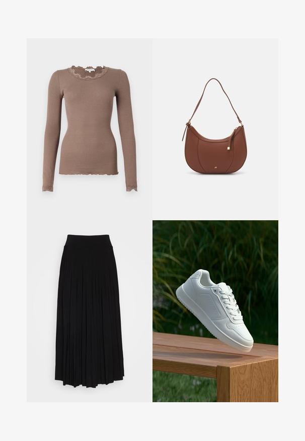 Rippenshirt mit langen Ärmeln in Braun, mit einem gewellten Spitzenkragen und -saum. Verfügt über eine figurbetonte Passform und ein strukturiertes Material für zusätzliche Details.; Schwarzer plissierter Rock mit breitem, dehnbarem Bund. Gefertigt aus weichem Stoff, mit vertikalen Falten für eine fließende Silhouette.; Weiße Sneaker mit einem glatten, synthetischen Obermaterial, perforierter Zehenbox, flachen Schnürsenkeln und einer strukturierten Sohle, präsentiert auf einer Holzoberfläche.; Braune Kunstleder-Schultertasche mit geschwungener Form, minimaler Naht und goldfarbener Hardware-Akzent. Verfügt über einen oberen Reißverschluss und einen verstellbaren Trageriemen.