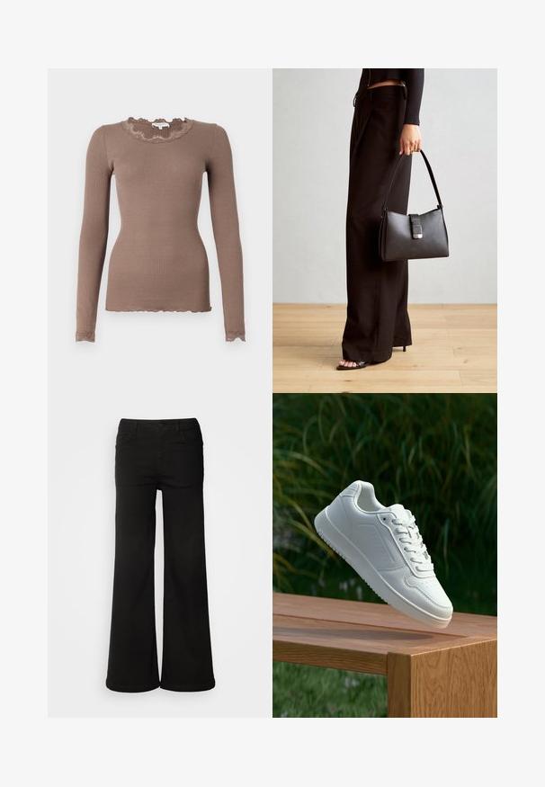 Duguljasti majica dugih rukava u smešnoj boji sa izrezom i rubom od čipkastog materijala. Ima uski kroj i teksturiranu tkaninu za dodatne detalje.; Crne široke traperice s prednjim džepovima, kopčanjem na dugme i glatkom teksturom s čistim završetkom.; Bijela tenisica sa glatkim sintetičkim gornjim dijelom, perforiranim prednjim dijelom, ravnim vezicama i teksturiranom potplatom, prikazana na drvenoj površini.; Crna torba s oblikom koji sadrži strukturu, glađu teksturu i metalnu kopču. Uparena s širokim crnim hlačama i sandalama na otvorenom s drvenog poda.